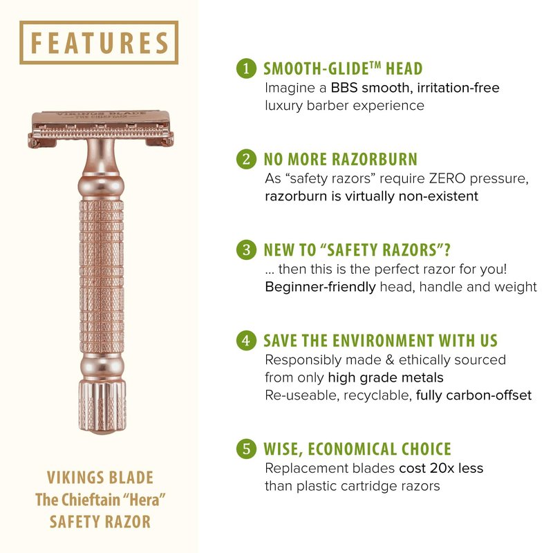 VIKINGS BLADE Double Edge Safety Razor + 5 Swedish Steel Blades + Luxury Case. Smooth, Reusable, Recyclable (Chieftain "Hera")