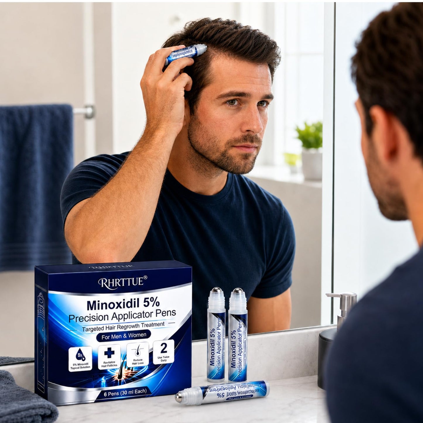 Minoxidil 5% Hair Growth Serum Roll On, Precision Applicator Pens for Men & Women, Topical Hair Regrowth Treatment, Targeted Scalp Application, Easy Dosage Control, 6 Pens x 30 mL