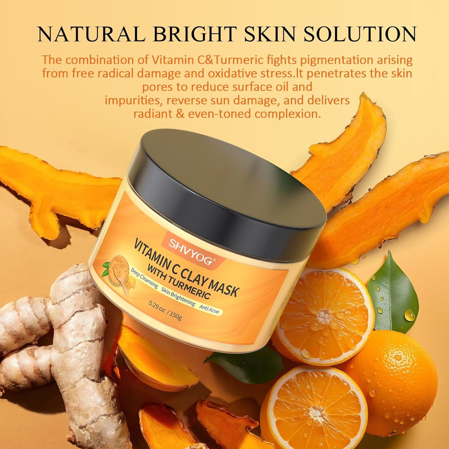 Turmeric Vitamin C Clay Mask - Deep Cleansing Facial Mask for Dull & Blemish-Prone Skin | 5.29 Oz (150g)
