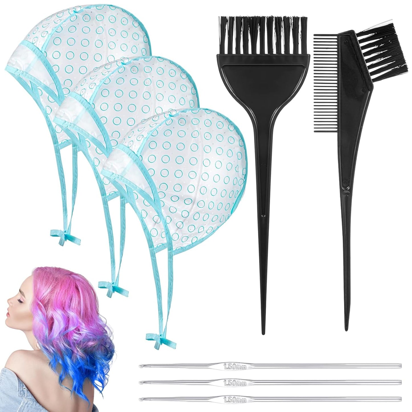 Highlighting Cap Set - 8 Pcs Hair Highlighting Cap with 3 Hooks & 2 Dye Tools for Salon & DIY Use