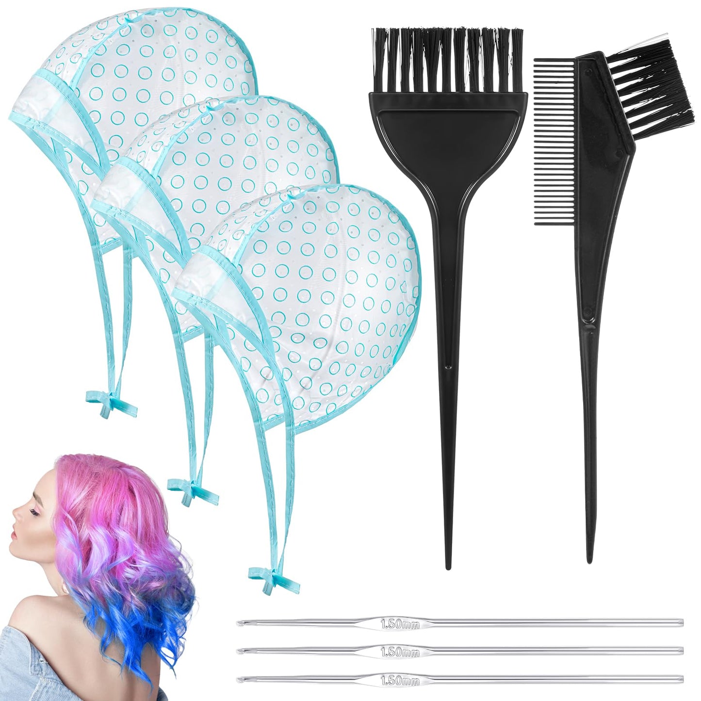 Guduling 8 Pcs Highlighting Cap with Hook,Hair Highlighting Cap with 3 Metal Hook and 2 Hairs Dye Comb & Brush for Salon & DIY Dyeing