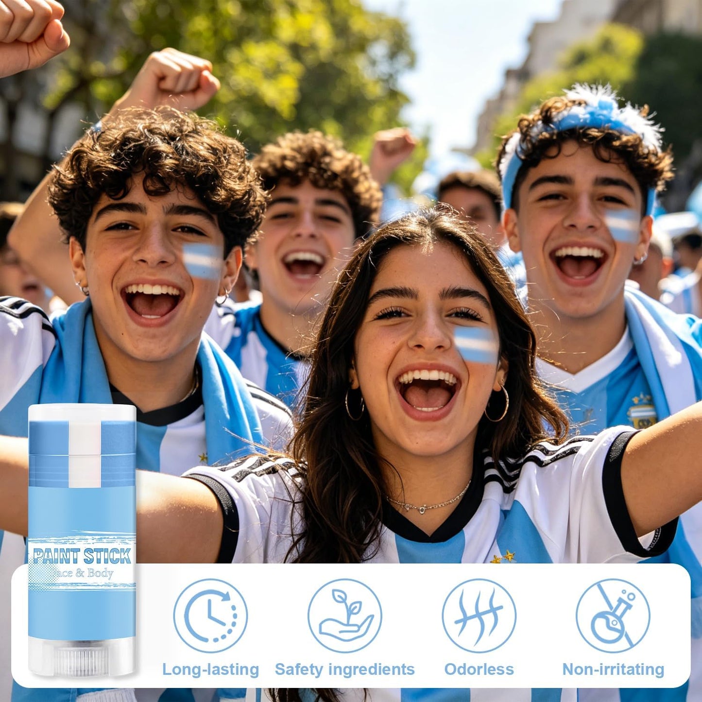 Blue White and Blue Argentina Face Paint Stick for World Cup Fans, Sweatproof & High Pigment Sports Face Body Paint Sticks for Football, Rugby, Softball, Baseball, Lacrosse, Party Accessories