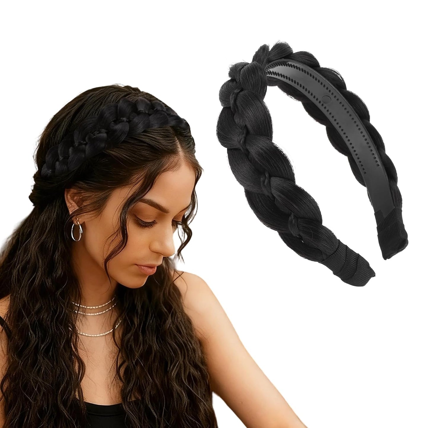 Braided Hairpiece Headband - Synthetic Wide Hair Band for Versatile Styles | Brown