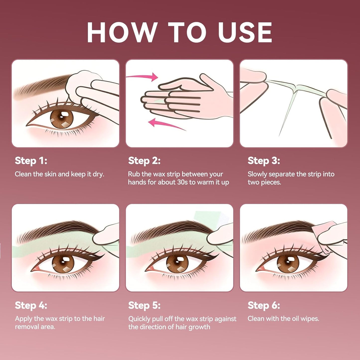 Facial Wax Strips Kit - 80 Hypoallergenic Eyebrow Wax Strips for Hair Removal | 5 Calming Oil Wipes Included, All Skin Types