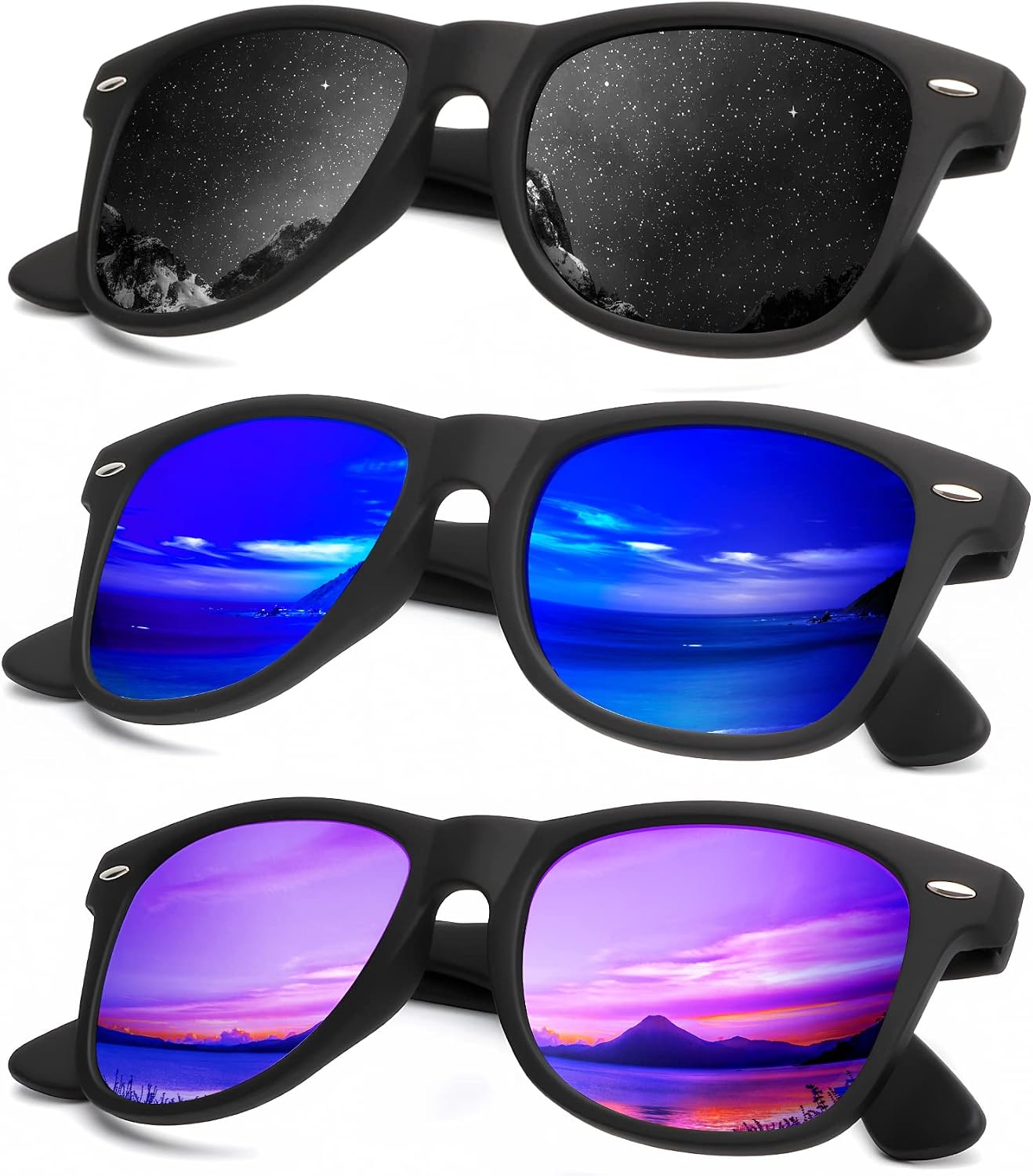 KALIYADI Polarized Sunglasses - Matte Finish, UV Blocking, Color Mirror Lenses | 3-Pack for Men & Women