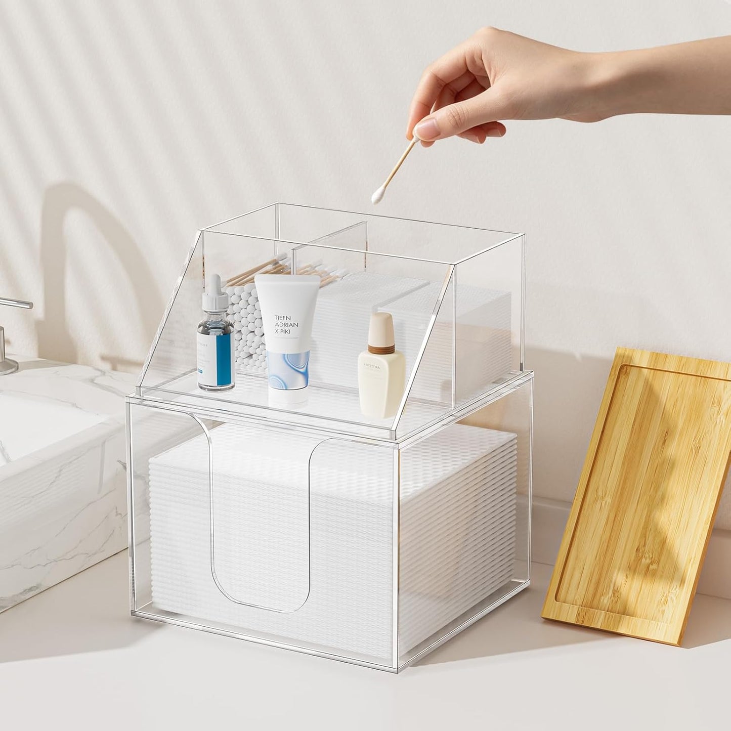 Acrylic Disposable Face Towel Holder - 2-Tier Organizer for Facial Towels & Cotton Pads | Clear with Bamboo Lid