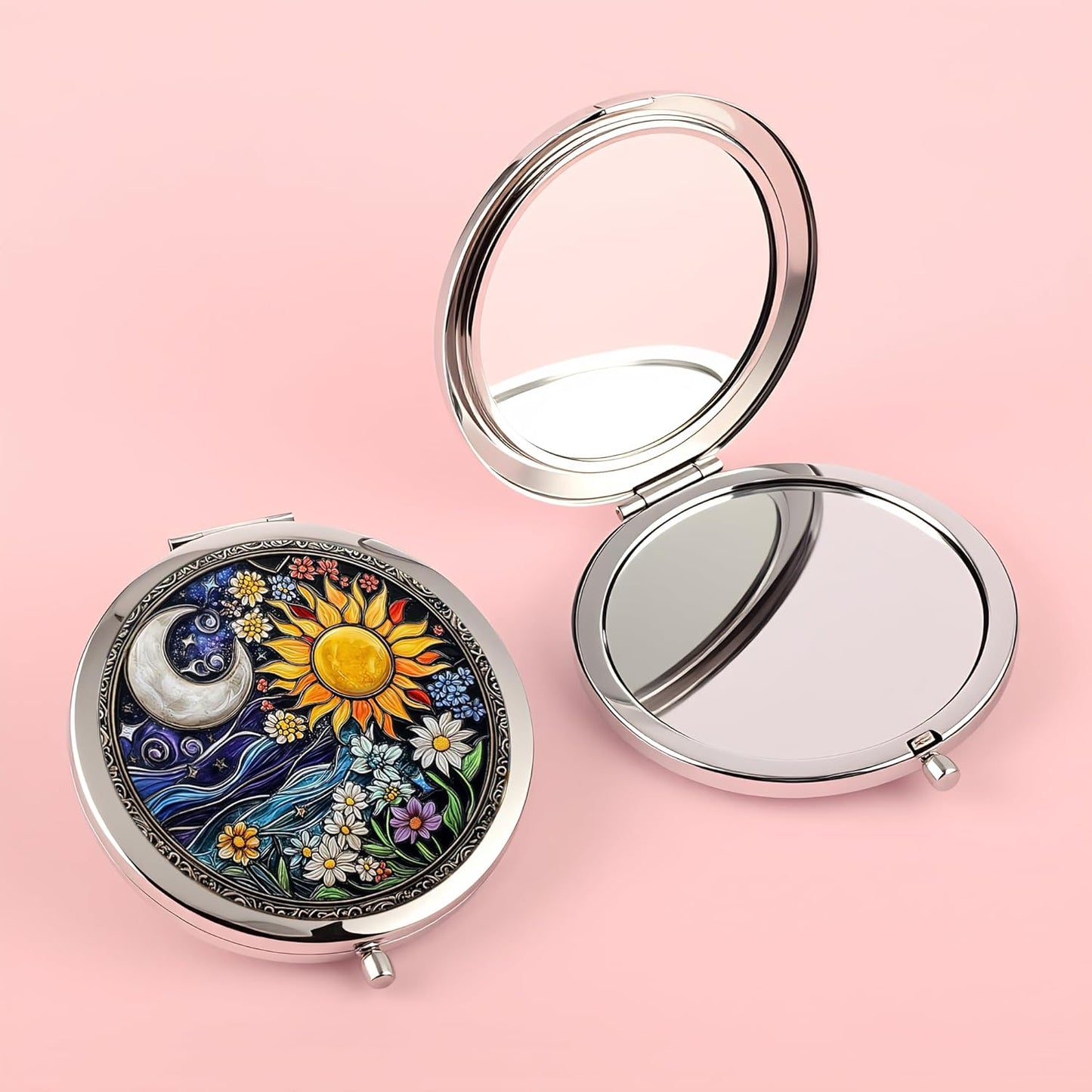 Silver Compact Mirror - Double-Sided Folding Makeup Mirror with Sun Moon Floral Design | 2.8"x2.8" - Perfect Gift for Women
