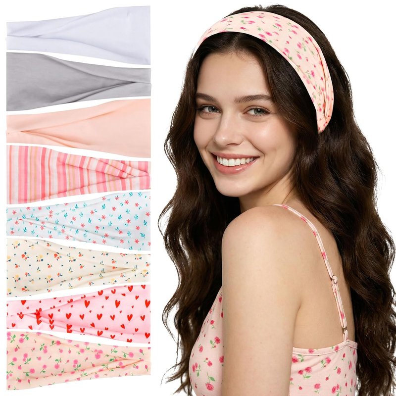 8 Pack Pink Floral Stripe Headbands for Girls - Non-Slip Summer Accessories