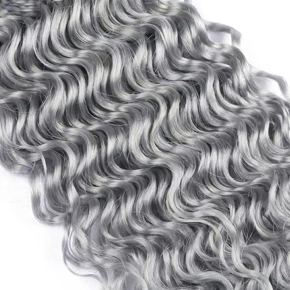 Grey Deep Wave Human Hair Bundles Deep Wave Hair 3 Bundles Human Hair 300g Grey Color Brazilian Virgin Human Hair Extensions Unprocessed Hair Bundles for Women 16 18 20 Inch