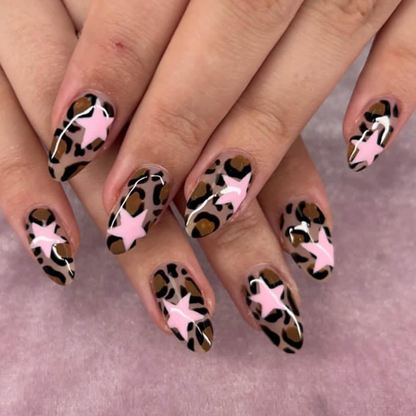 Press On Nails - Medium Oval Pink Fake Nails with Summer Designs | 24 Pcs Reusable Glossy Full Cover