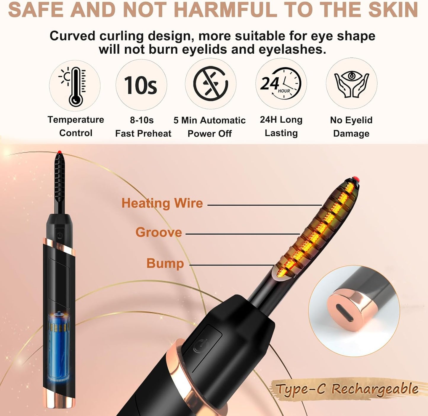 Heated Eyelash Curler - Electric Rechargeable Lash Curler for Natural Curling | 24-Hour Long-Lasting Black Model