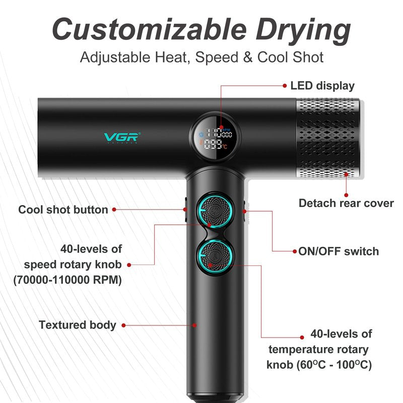 VGR 401 Negative Ionic Hair Dryer, Professional BLDC Motor Blow Dryer for Fast Drying, LED Display Low Noise Thermo and RPM-Control Hairdryer, Travel with Magnetic 1 Diffuser & 2 Nozzle, Black
