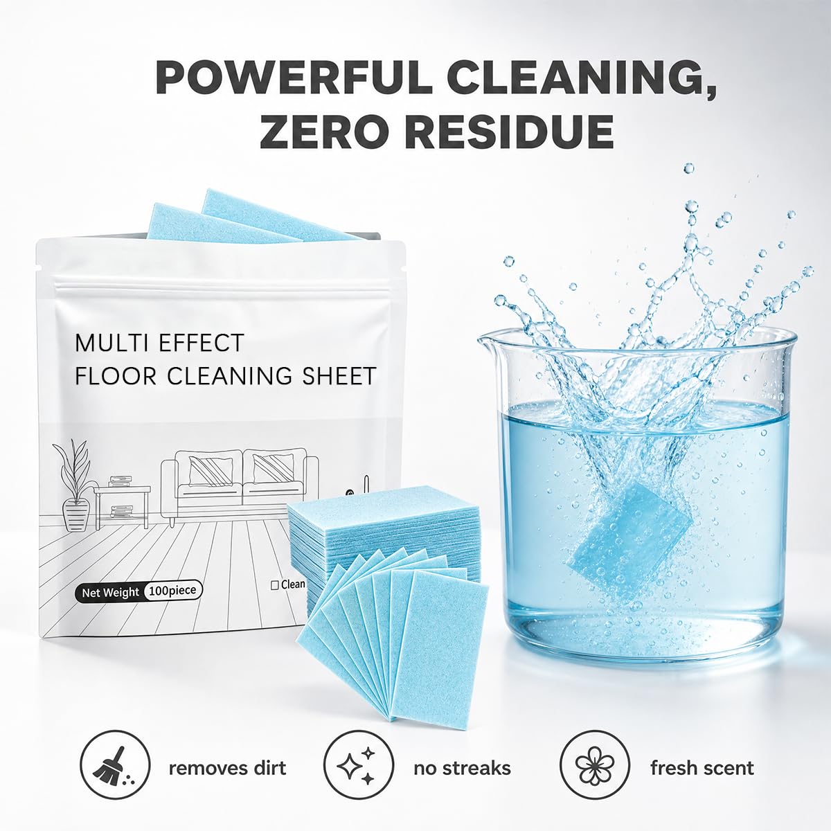 100pcs Multi-Surface floor cleaning tablets, multiple effect the floor clean, Water Soluble Floor Cleaner for Mopping for Hardwood, Laminate Floors, Wall Tiles, Glass