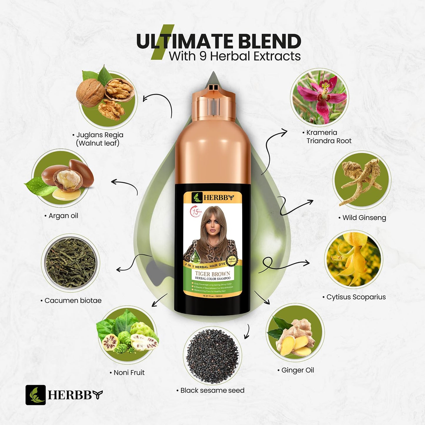 Hair Color Shampoo for Gray Coverage | 9 Herbal Extracts, Long-Lasting Shine - 500ml Tiger Brown