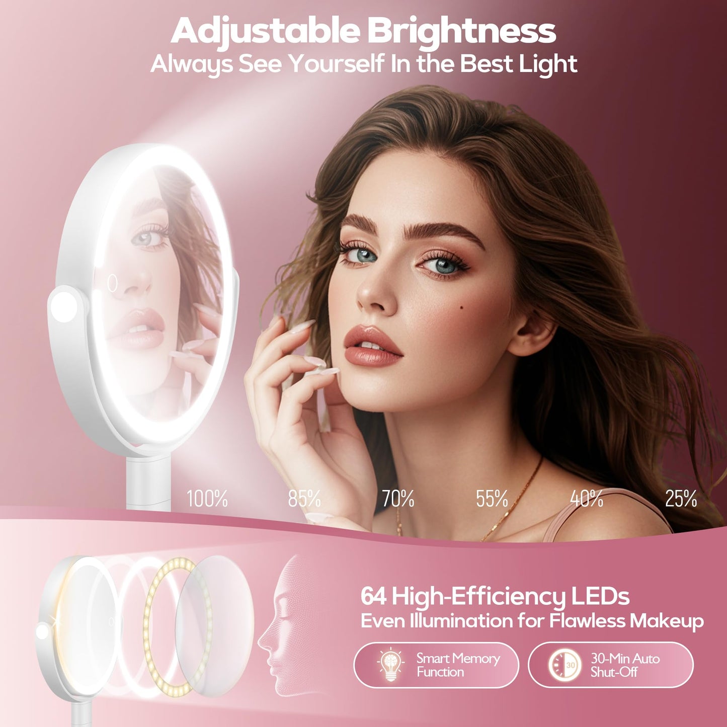 MOMOKUBA Makeup Mirror with Lights, 30X Magnifying & Height Adjustable, Lighted Magnifying Mirror with 3 Light Modes and Stepless Dimming, Vanity Mirrors for Bathroom, Birthday Gift for Women, White
