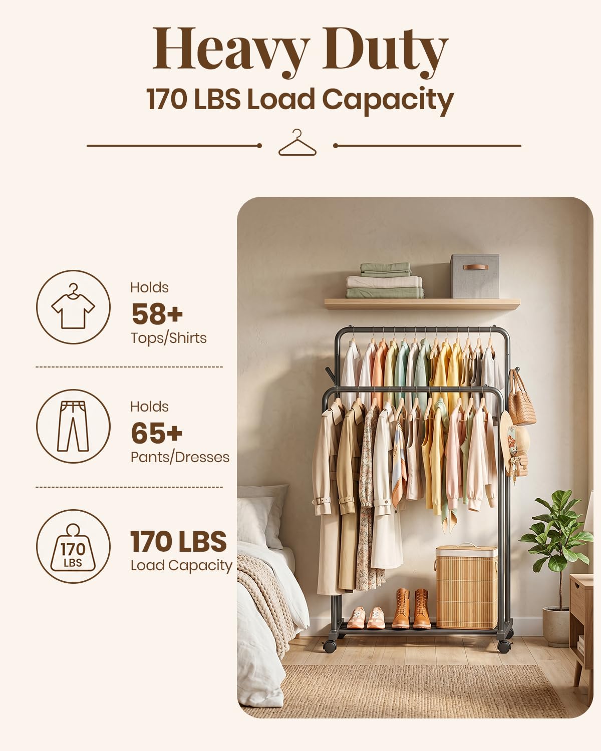 Delamu Clothes Rack Double Rods Clothing Racks for Hanging Clothes with Rolling Wheels, Metal Garment Rack with Hooks, Portable Wardrobe Rack Coat Rack with Shelfs for Bedroom, Laundry Room, Black