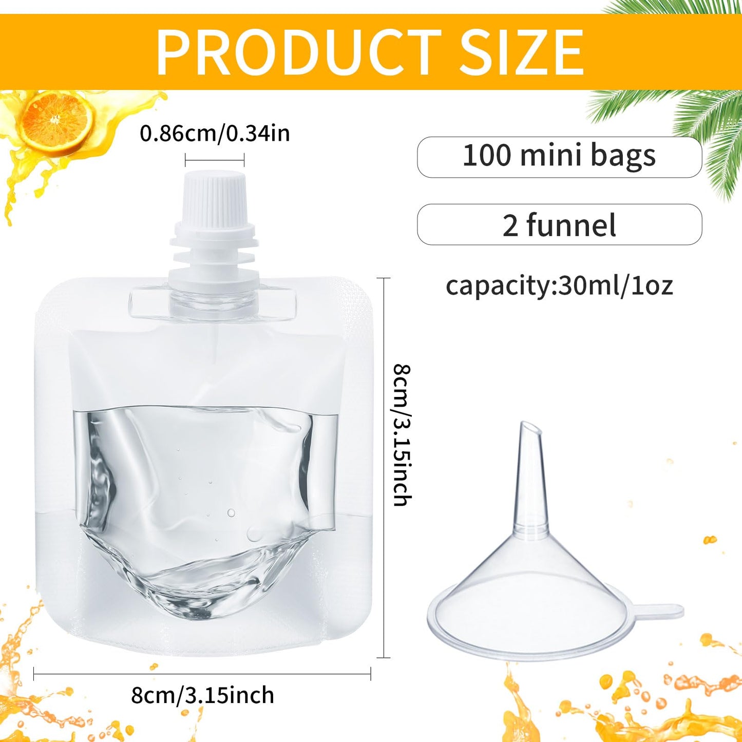 Seeloowy 100 Pcs Plastic Pouches Bulk Clear Juice Bags Squeeze Pouches Plastic Leak Proof Bags with Funnel for Party Favors (1 oz)