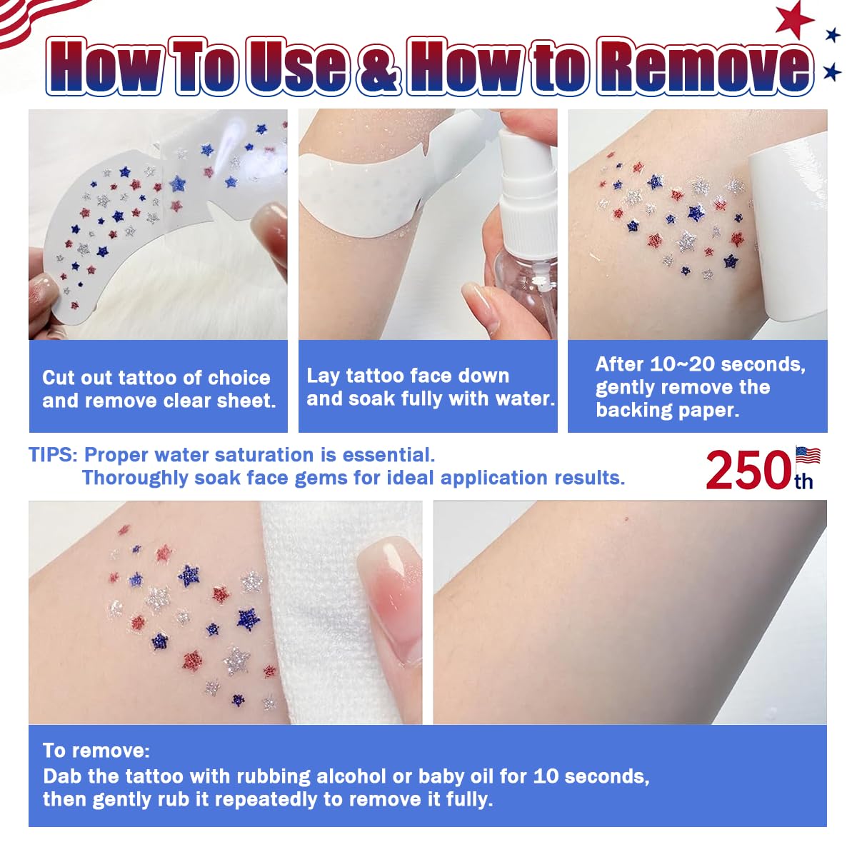 Mysense Waterproof 4th of July Temporary Tattoos - Red, White & Blue Glitter Face Stickers | Easy Application, 6 Sheets