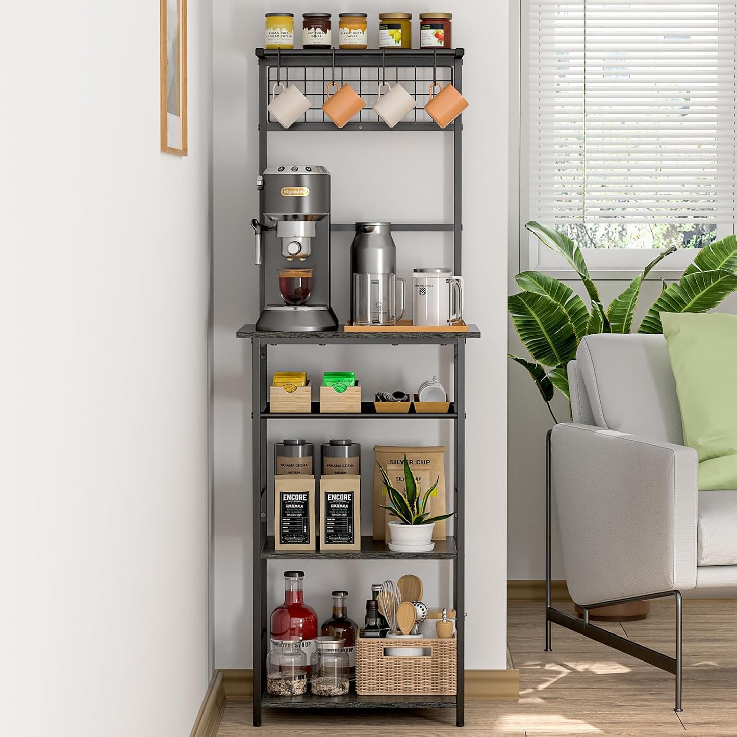 5 Tier Coffee Bar Station - Farmhouse Kitchen Stand with 4 S-Shaped Hooks | Compact Gray 13.43"D x 18.93"W x 53.31"H