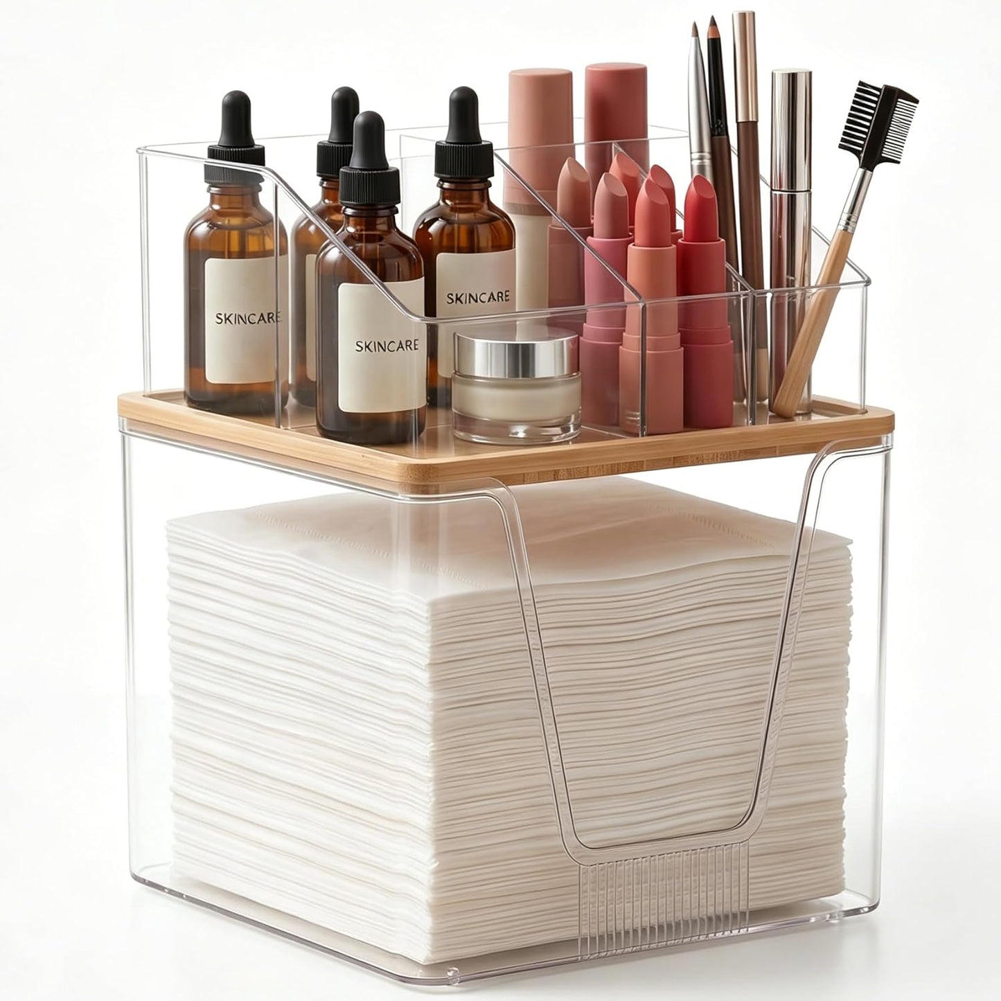 Disposable Facial Towels Holder - Bamboo Lid & Clear Acrylic Organizer | Stackable Vanity Storage for Clean Skin Club Towel XL