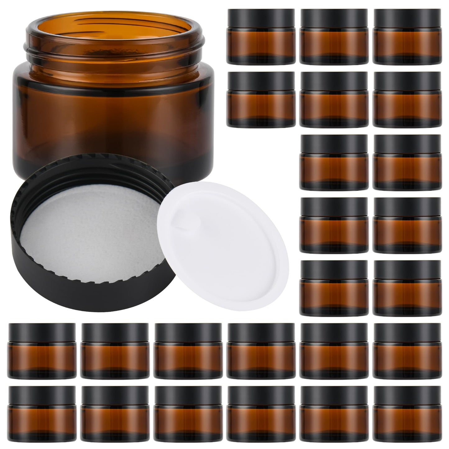 Glass Jars with Lids,Eco-Friendly Cosmetic Containers with Airtight Black Lids & Liners, Multi-Color Options for Cream, Lotion, Body Butter, DIY Skincare Travel Jars (Amber, 2oz)