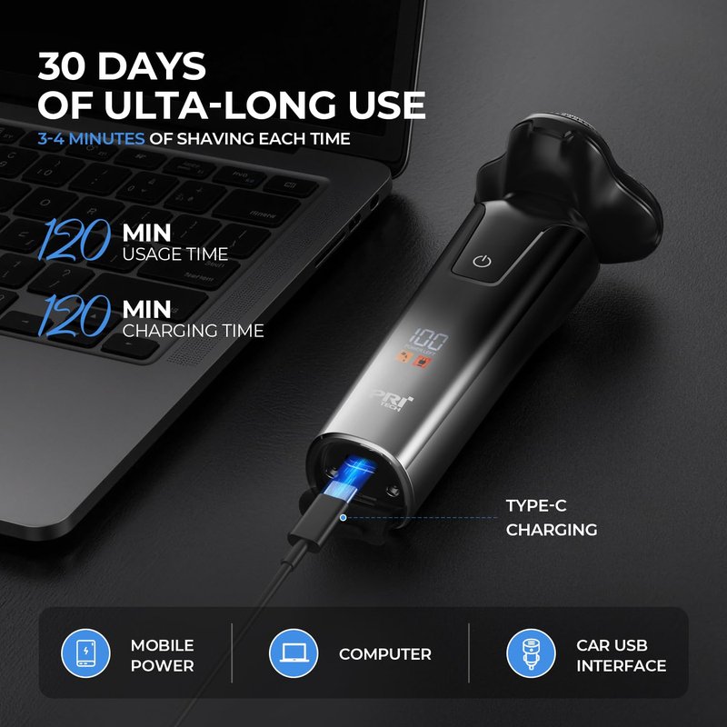 PRITECH Electric Razor for Men, Rechargeable Electric Shavers for Men Waterproof Wet & Dry Use Beard Trimmer Fast Charging USBC