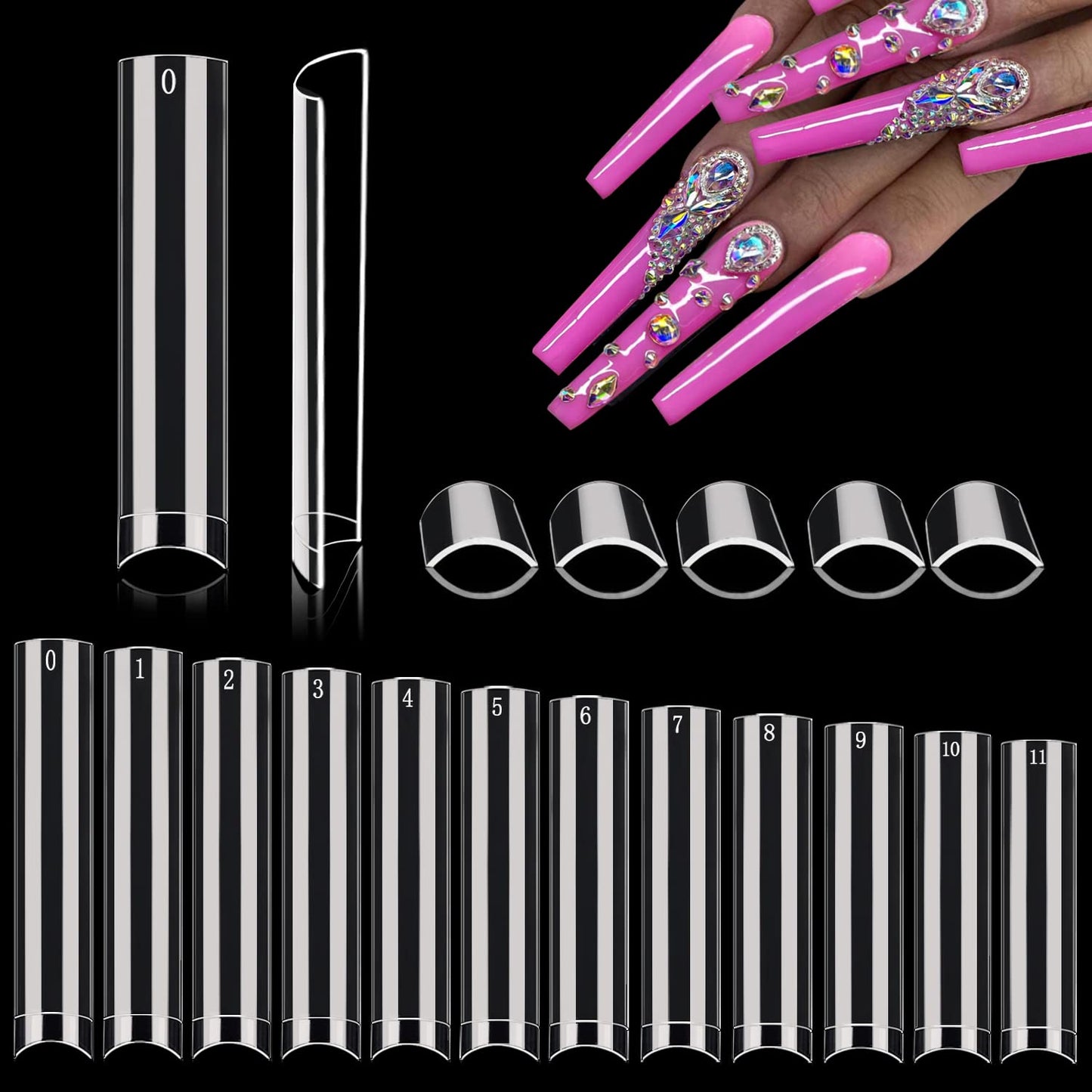 Stiletto Nail Tips - 600PCS XXXL Extra Long Full Cover for Acrylic Nails | 12 Sizes Clear Flattened Fake Nails