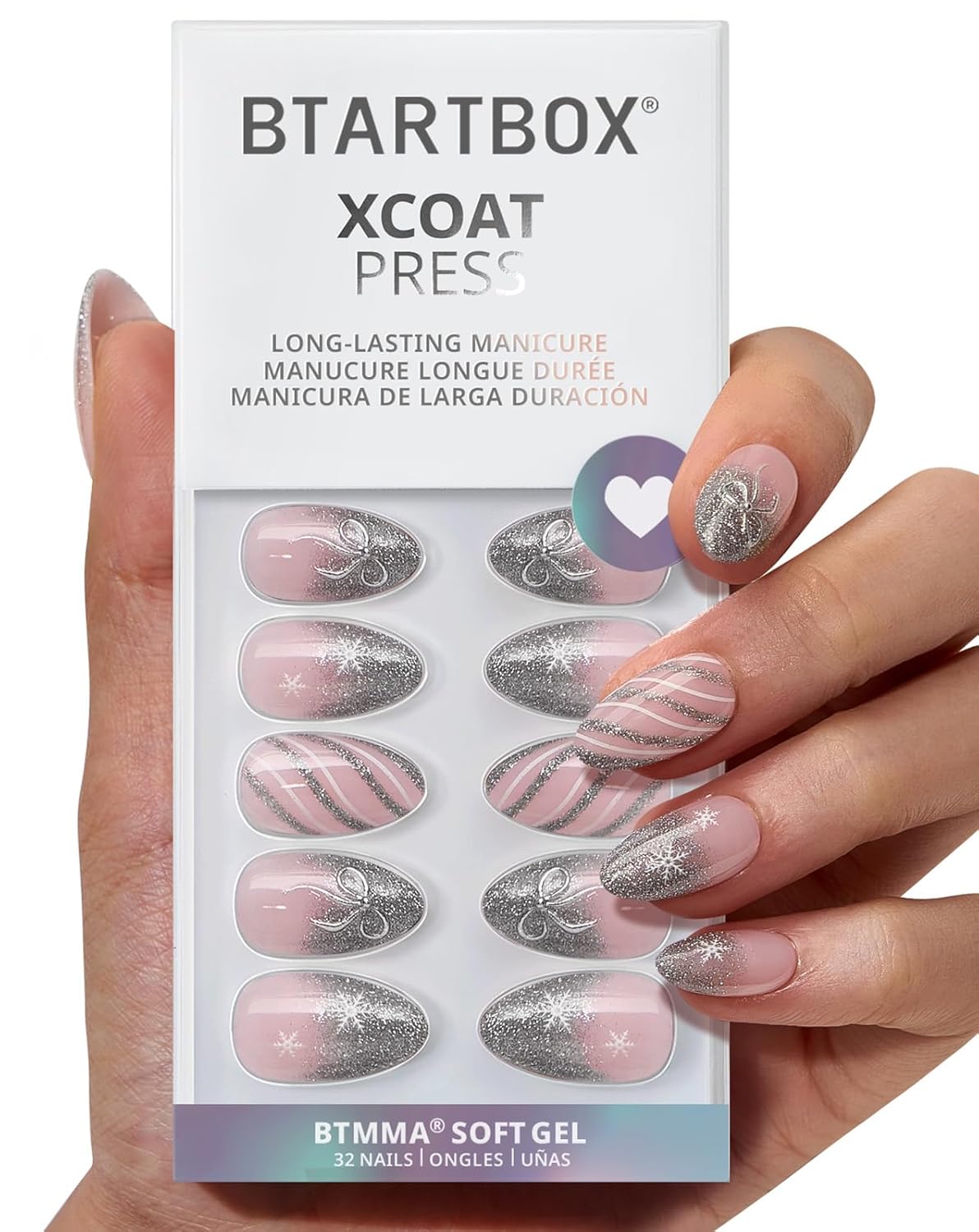 Press On Nails Almond - Gilded Cheer Short Glitter French Tips | 16 Sizes, Lamp-Curable Soft Gel Kit