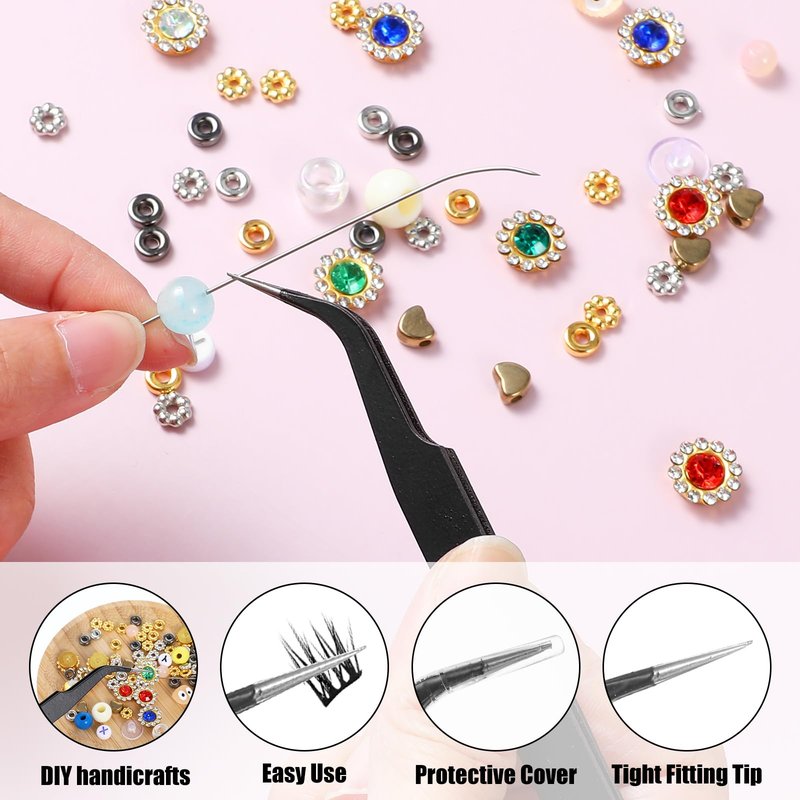 10 Pieces Tweezers for Crafting, Stainless Steel Curved Bedazzling Tweezers Precision Sticker Tweezer with Protective Cover for Jewelry Stickers Eyelash Extensions Rhinestones Crafts (Black)