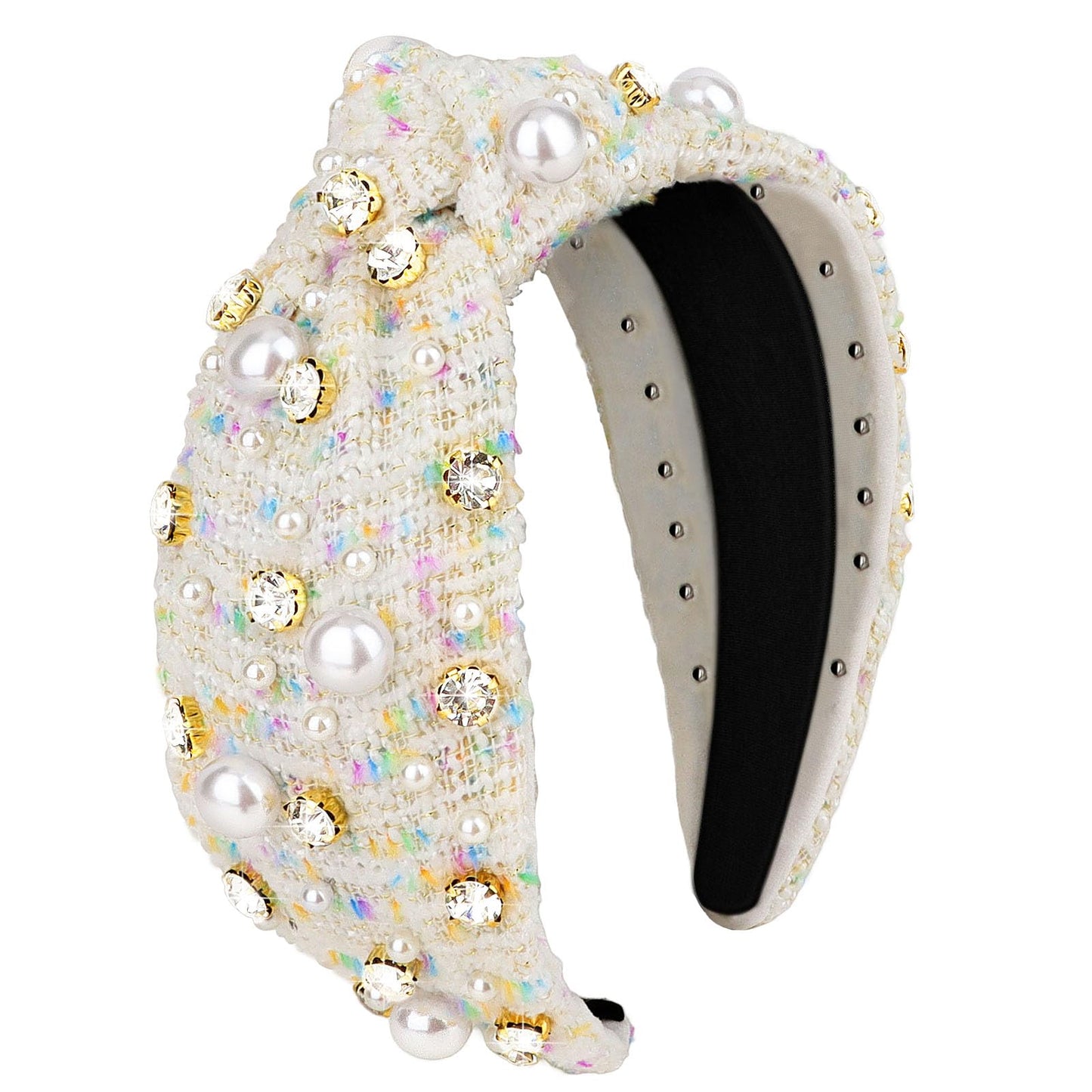 CURASA Knotted Headband For Women Girls White Pearl Rhinestone Checkered Head Band Non Slip Elegant Wide Hairband Top Knot Trendy Bride Headpiece Crystal Beaded Jeweled Embellished Hair Accessories