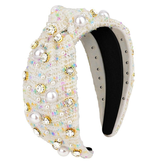 CURASA Knotted Headband For Women Girls White Pearl Rhinestone Checkered Head Band Non Slip Elegant Wide Hairband Top Knot Trendy Bride Headpiece Crystal Beaded Jeweled Embellished Hair Accessories