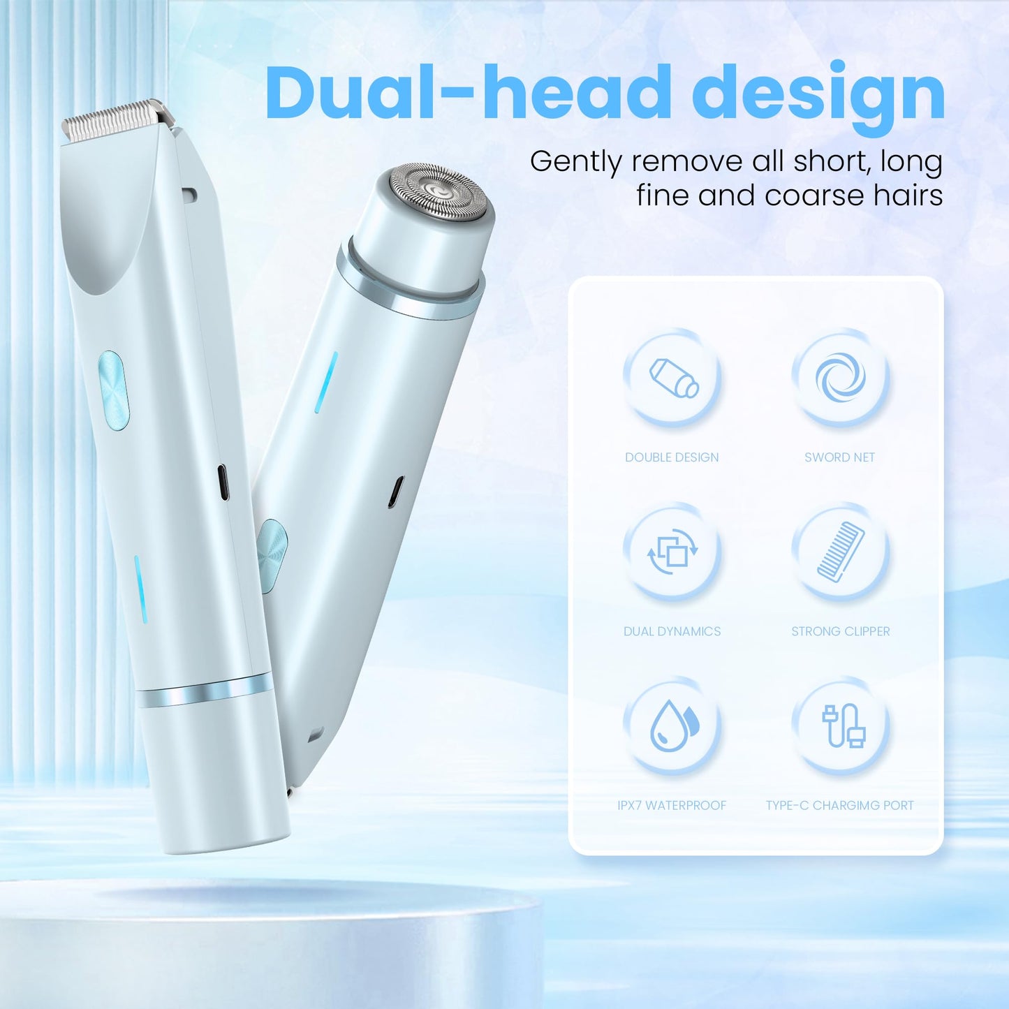 YZDJQX Bikini Trimmer for Women-2 in 1 Dual Head Electric Razors,IPX7 Waterproof Bikini Electric Shaver,Dry & Wet Use Painless Bikini Shaver,Pubic Hair Trimmer for Private Area & Body Hair,Blue
