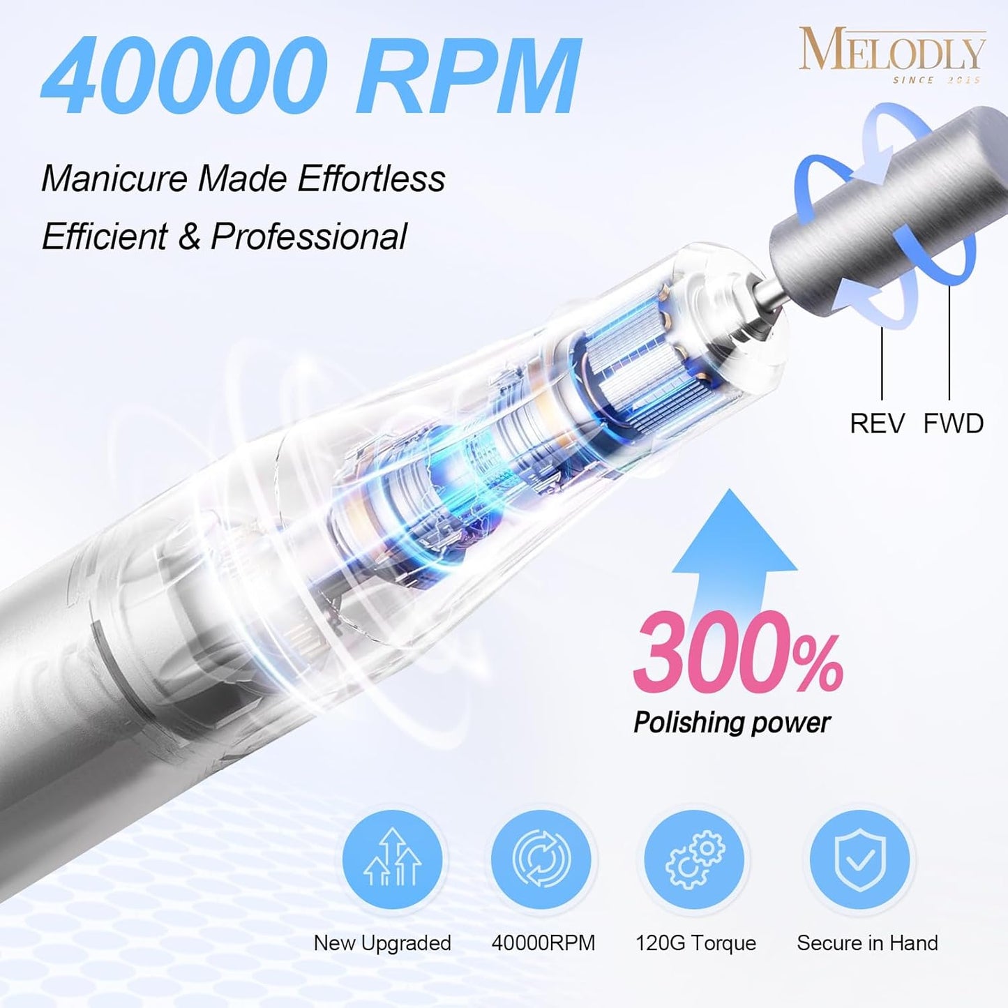 Electric Nail Drill File - 40000 RPM Rechargeable Efile Kit for Acrylic & Gel Nails | Portable Cordless with Gold Bits