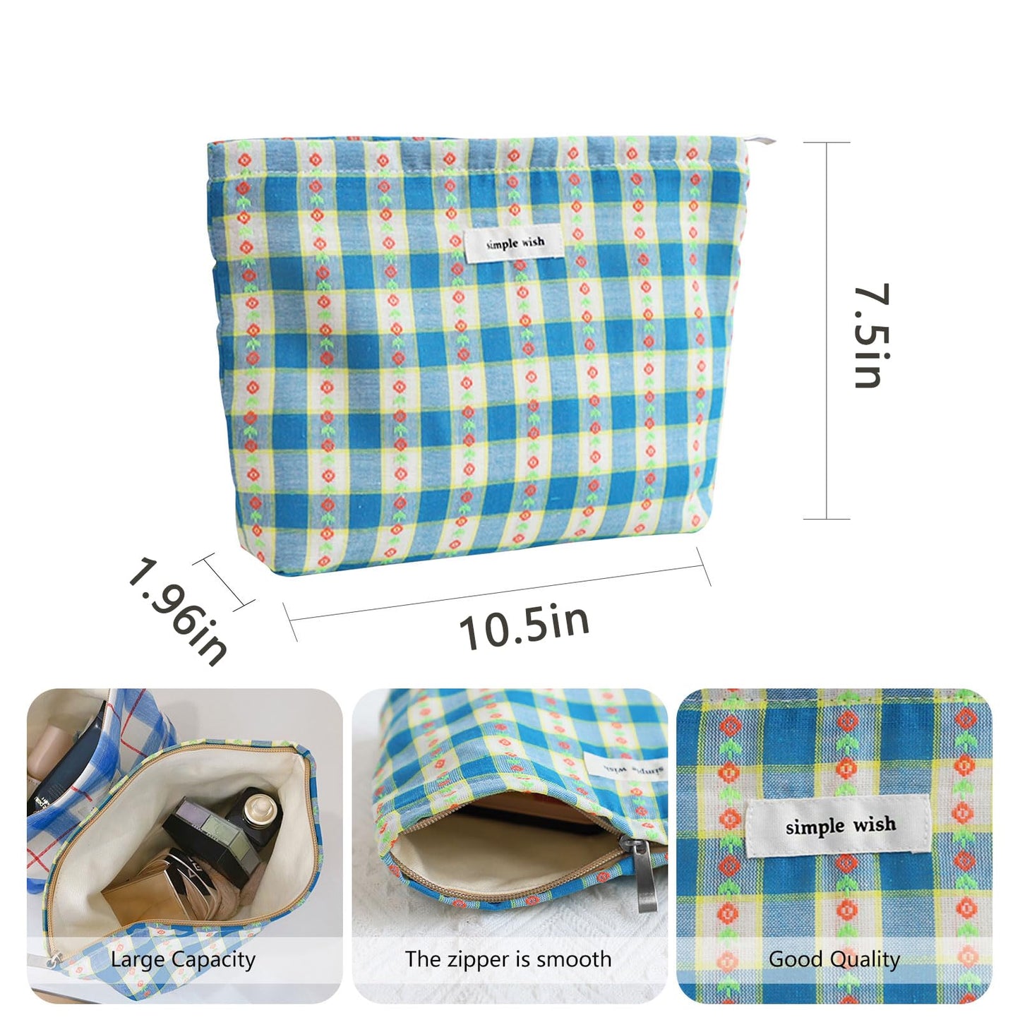 Wudygirl Makeup Bag for Women Travel Cosmetic Bag 10.5"x7.5" Blue Floral