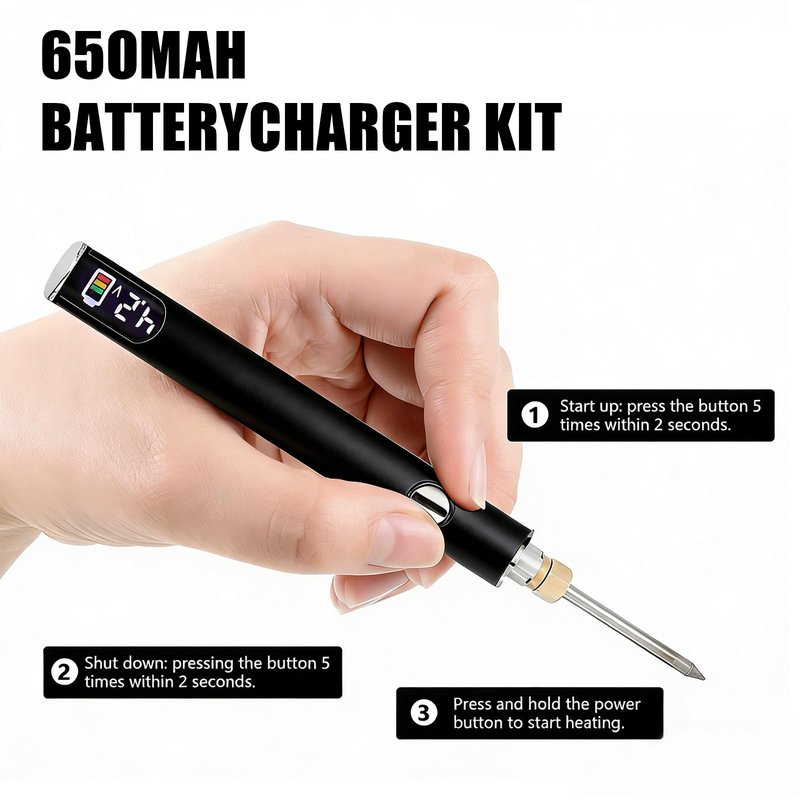 510 Threaded Battery Cart Pen, Portable Cordless Soldering Iron Cart Pen, USB-C Rechargeable with LED Screen, 650mAh Adjustable Temperature for Electronics Repair, DIY, & Phone Fix (Black)