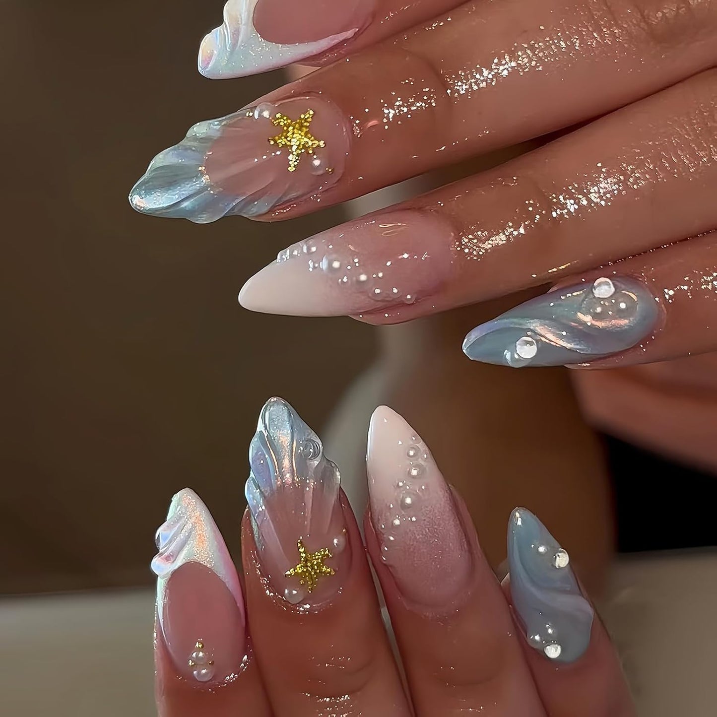 Colorful Summer Press-On Nails - Medium Almond Blue Ocean & Fish Designs | 30PCS Glossy Beach Nails for Women