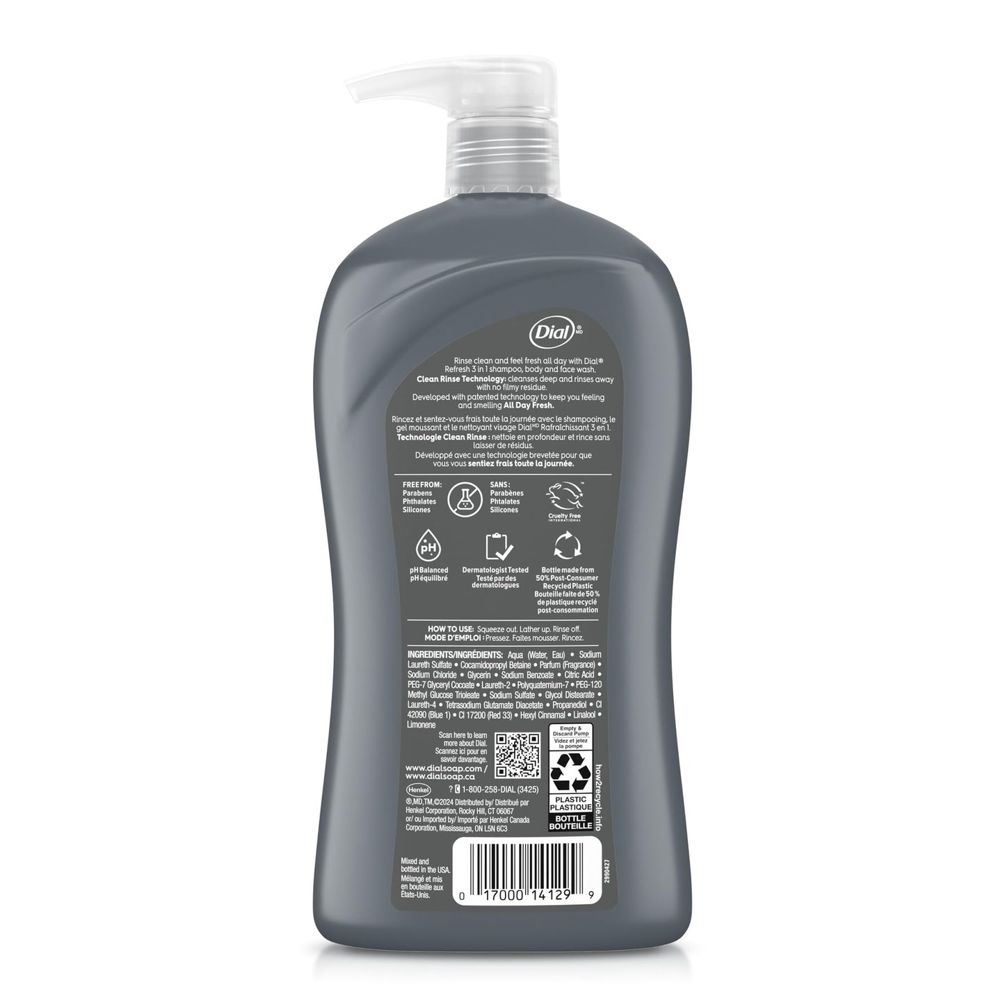 Dial Men 3in1 Body, Hair and Face Wash, Hydro Fresh, 32 fl oz