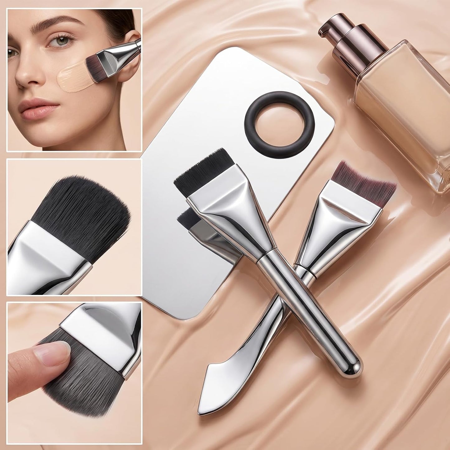 Makeup Mixing Palette Set - 6Pcs Flat Foundation Brush & Double-Ended Spatula for Professional Makeup Artists | Ideal for Blending Pigments & Nail Art