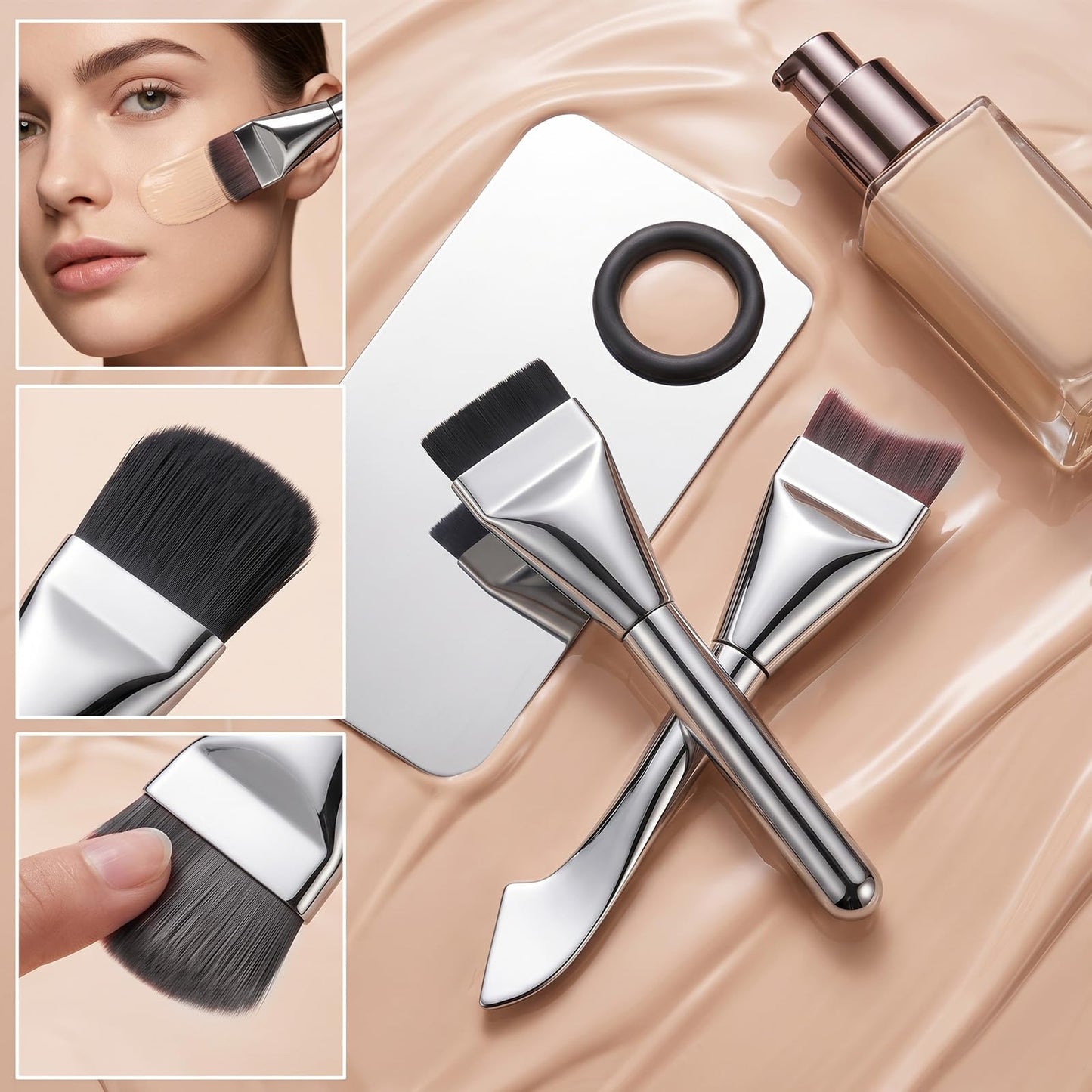 HJZHII 6Pcs Makeup Mixing Palette, Flat Foundation Brush Makeup Spatula Double-Ended Make up Brush powder puff for Women Facial Cosmetic Nail Art Pigment Blending Professional Makeups Artists