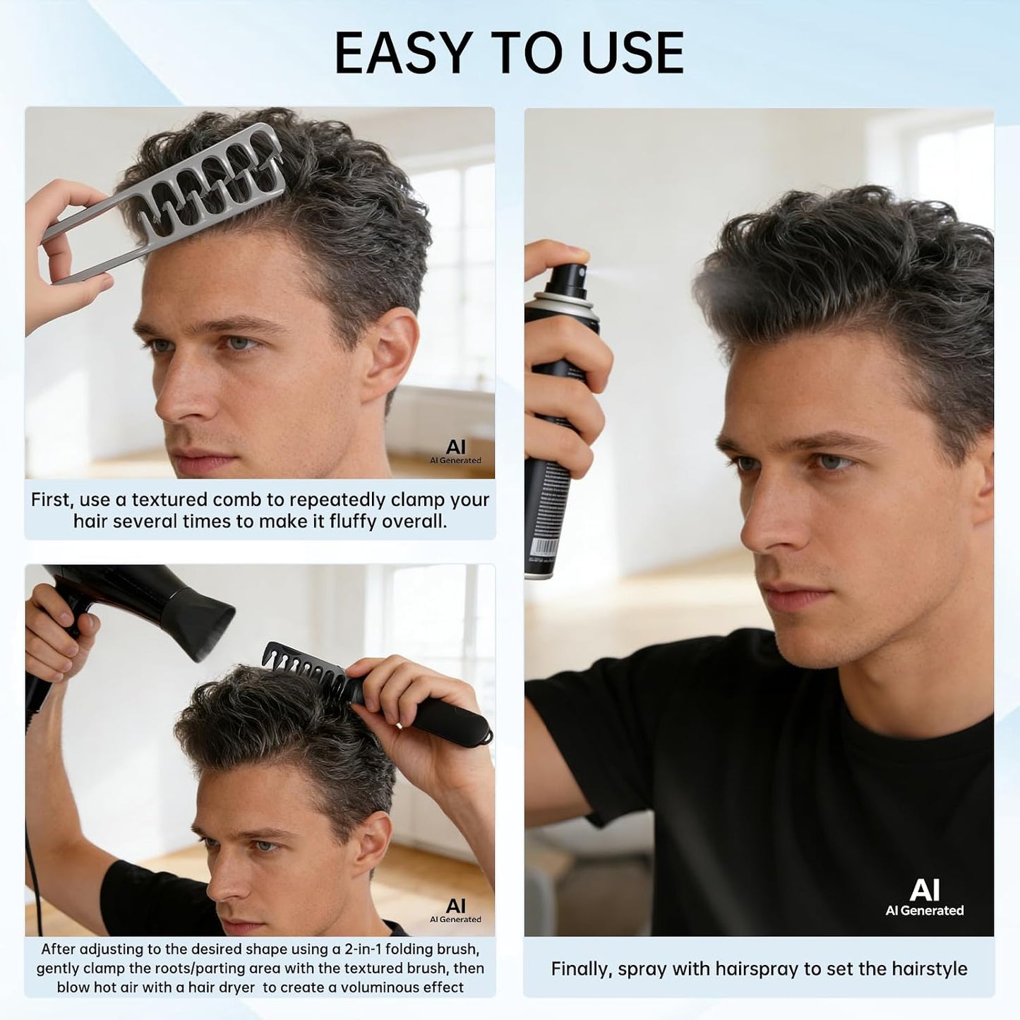 Volumizing Texture Comb Set for Men - Travel Folding Design | Dual-Purpose Wide & Fine-Toothed Comb