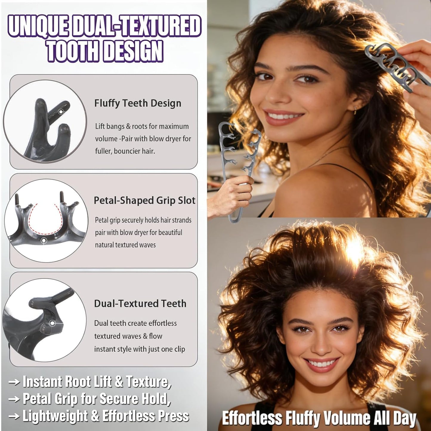 Volumizing Wide-Tooth Hair Styling Comb - Dual-Purpose Anti-Frizz Tool for Curly/Straight Hair | Portable Non-Slip Grip (Grey)