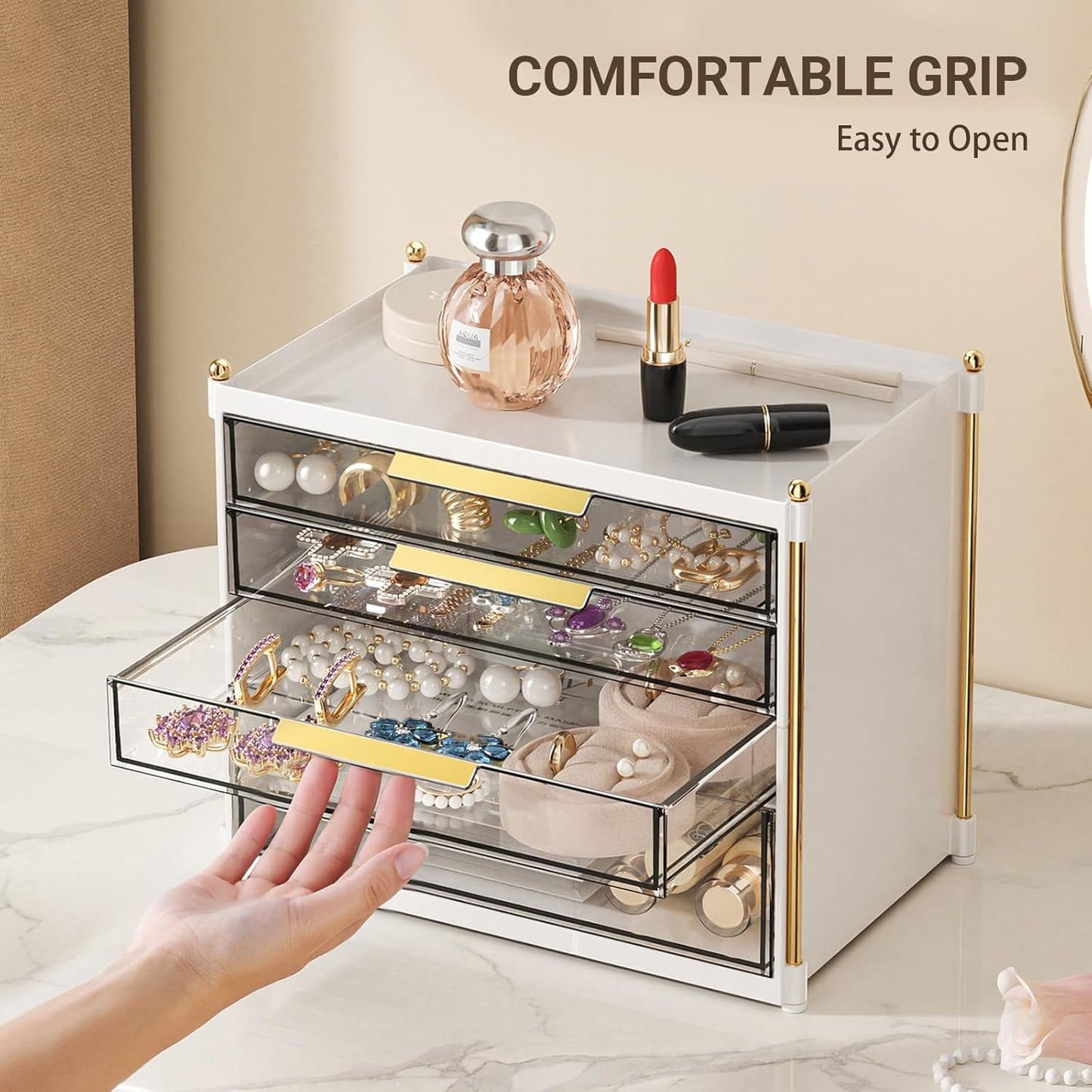 Aveniee 4-Drawer Makeup Organizer | Plastic Vanity Storage for Cosmetics, Skincare & Jewelry - White