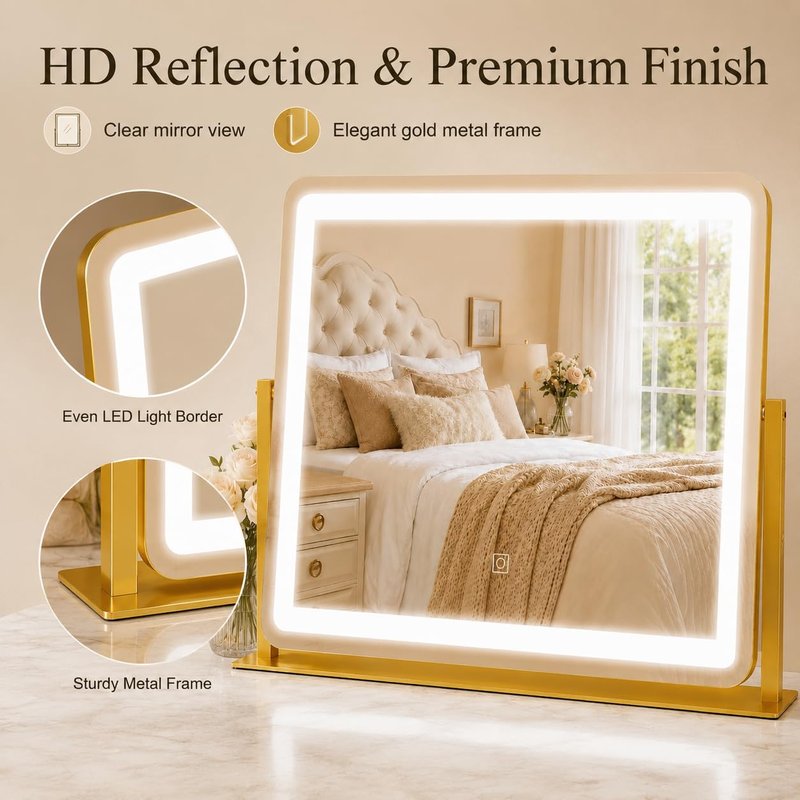 Gold Lighted Vanity Mirror - 22"x17" Dimmable LED Makeup Mirror with Sturdy Aluminum Frame | 360° Rotating Design