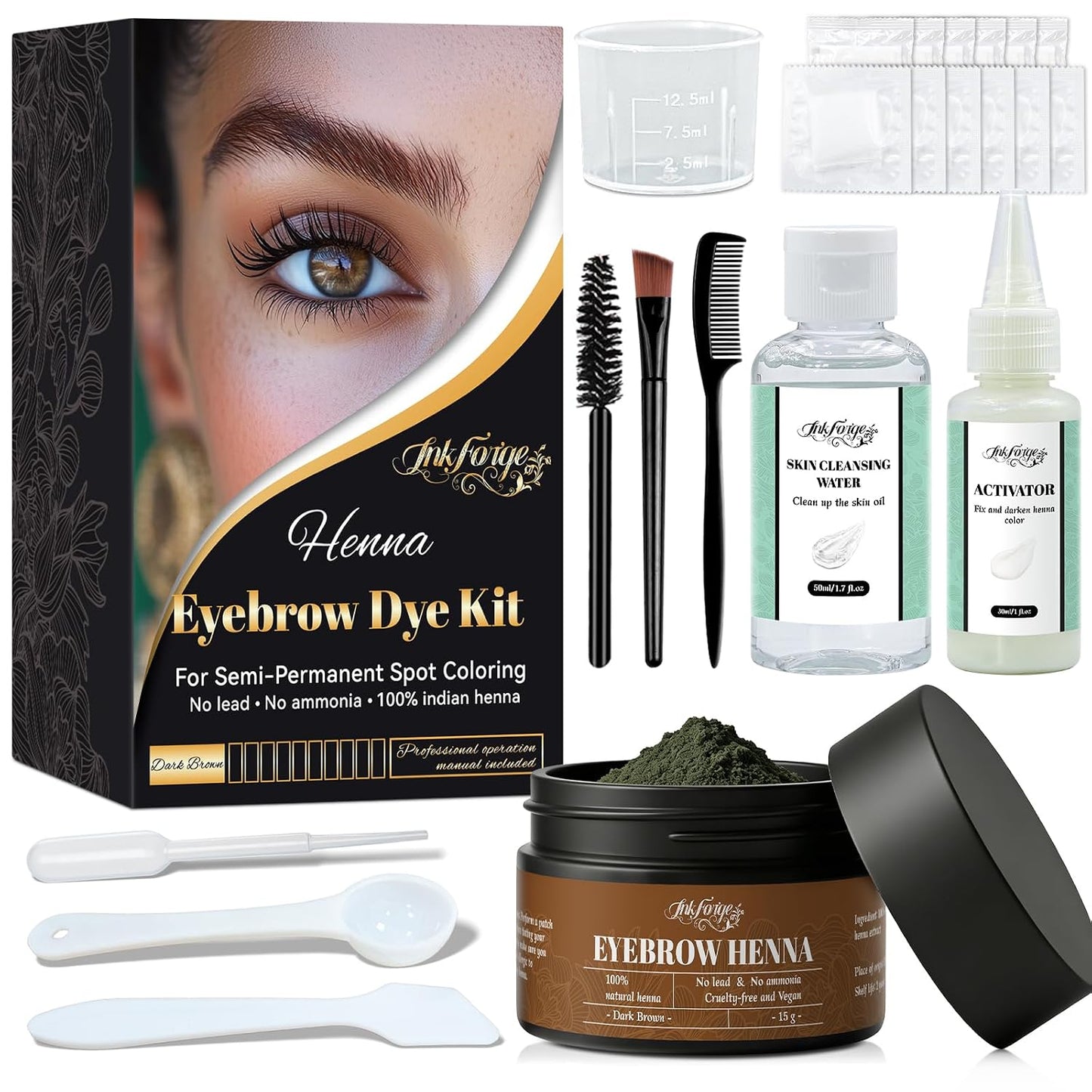 Henna Eyebrow Color Kit - Professional Smudge-Proof & Water-Resistant Tint | Instant Natural Look for All (Dark Brown)