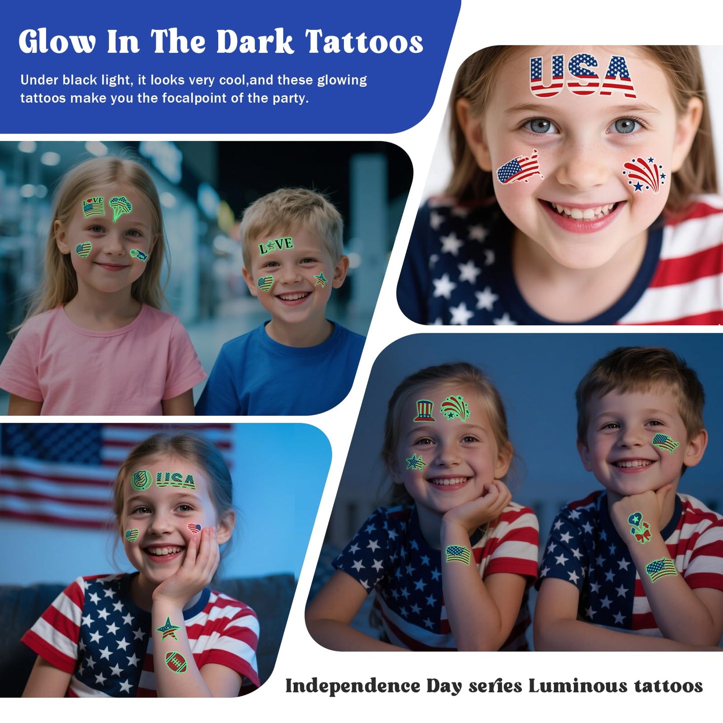 Awinmay 80 Pcs Luminous 4th of July Temporary Tattoos for Kids, American Flag Red White and Blue Decor, Fourth of July, USA Party Favors, Memorial Day, Independence Day, Labor Day Glow Party Supplies