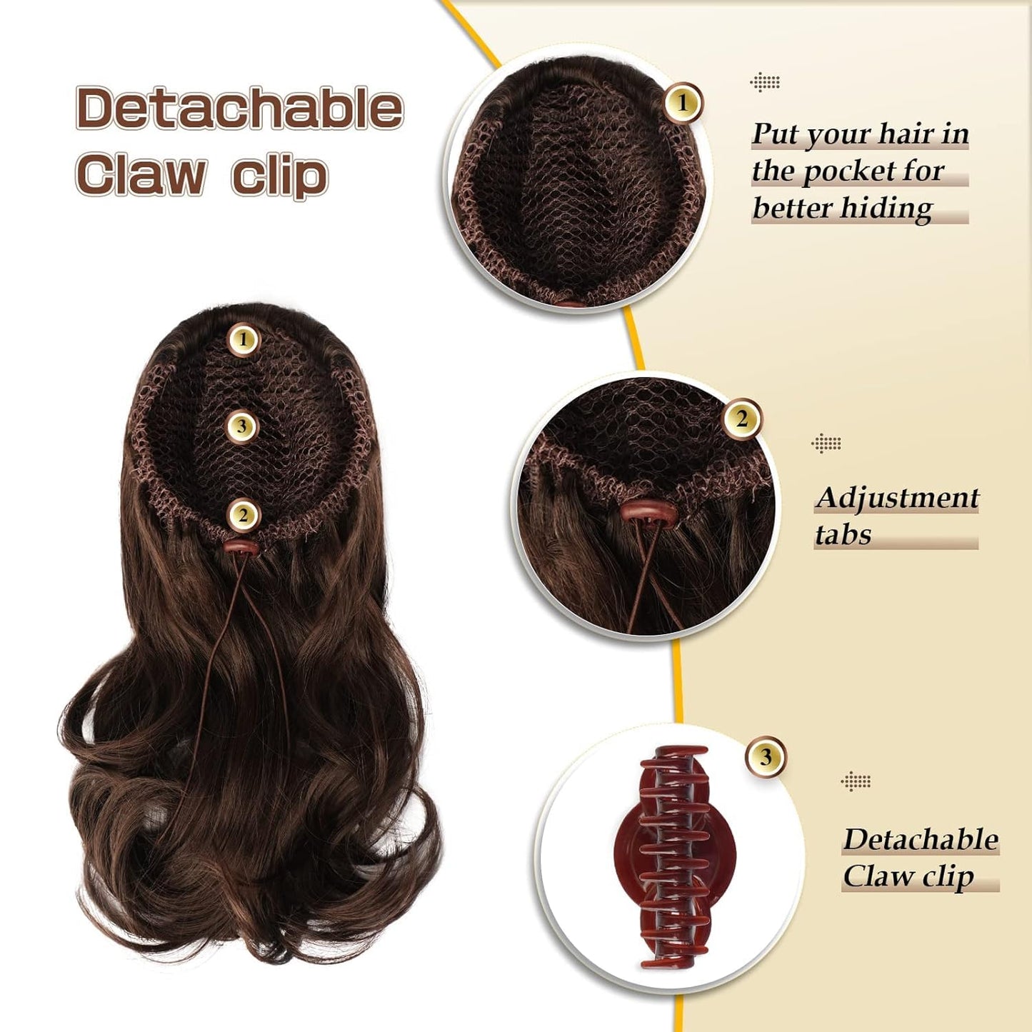 Sofeiyan 13" Ponytail Extension Long Curly Ponytail Clip in Claw Hair Extension Natural Looking Synthetic Hairpiece for Women, Light Ash Brown & Bleach Blonde