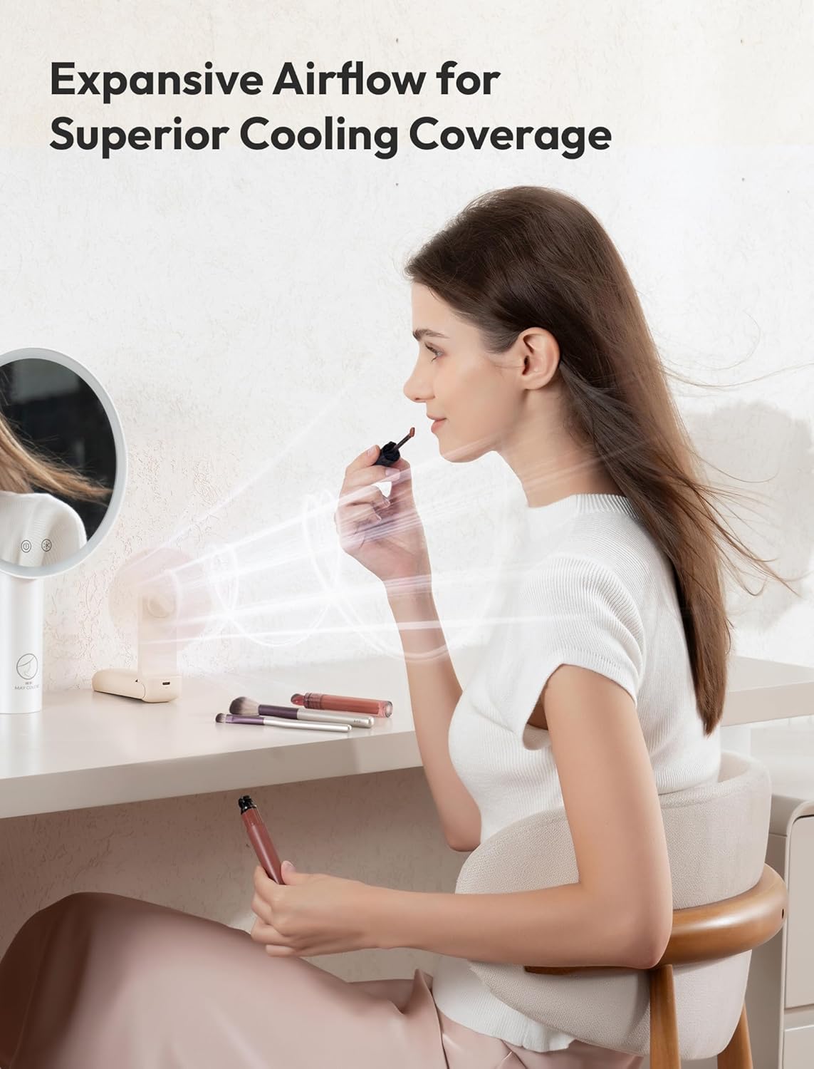 Aecooly Portable USB Rechargeable Fan - Slim Handheld Design | 24-Hour Cooling, Foldable Travel Size, Beige