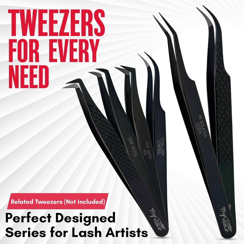 My Lash Tools 90 Degree Volume Fiber Tip Lash Tweezer – FAN BOSS, Non Slip Grip Professional Eyelash Extension Tweezers for Mega Volume Fans, Lash Artist Precision Tool (Black)