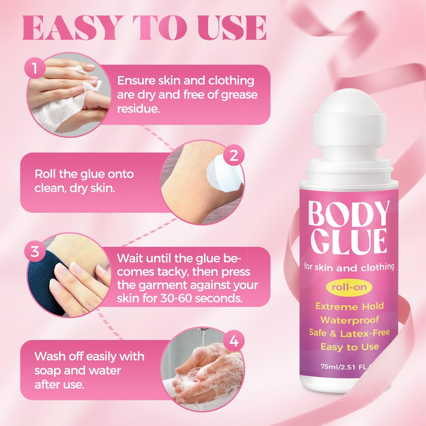 Body Glue for Clothes & Skin 2.54 Oz, Body Adhesive Roll-On, Water Wash Off Butt Glue, Sweat Resistant, Strong Fashion Glue for Dancers, Stagewear, Wigs, Bras, Socks& Costumes(75ml)