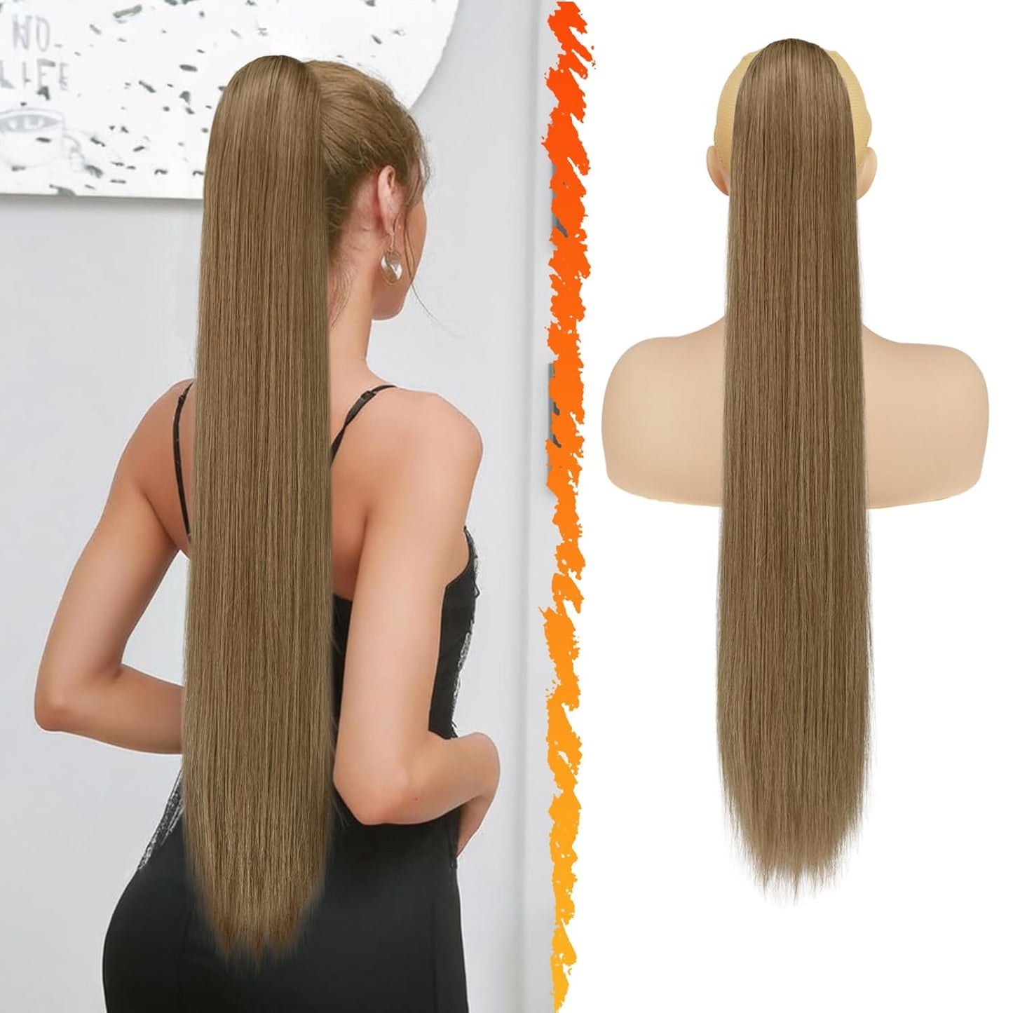 Long Straight Ponytail Extension - 26 Inch Brown Synthetic Clip-In Hairpiece for Women | Light Brown Mixed